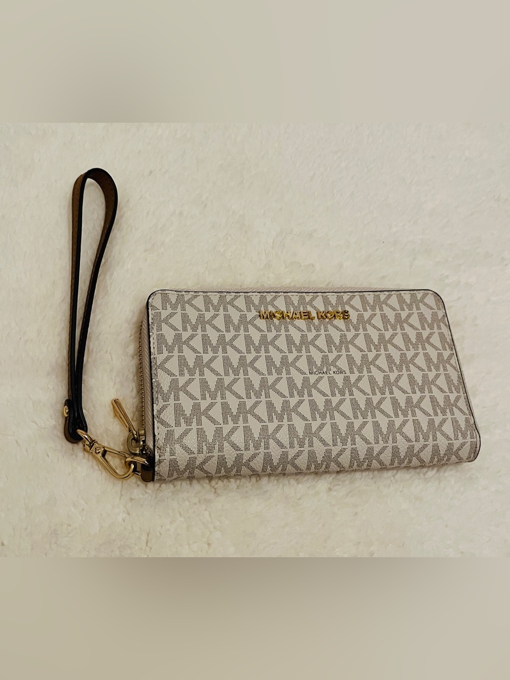 Michael Kors Cream and Brown Signature Zip-Around Wallet with Gold Hardware
